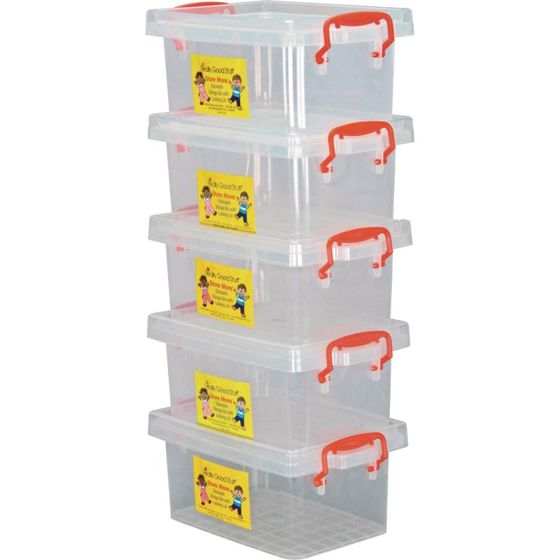 Really Good Stuff Small Clear Plastic Stackable Storage Tubs with Locking Lid â€“ Red Handles Lock Lid in Place â€“ Hold Supplies, Manipulatives and More in Classroom or Home, 8â€x4â€x5â€ (Set of 5) - Image 4